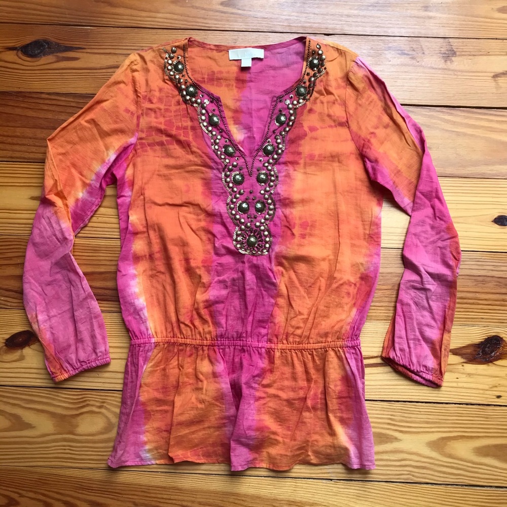 Michael Michael Kors Pink Orange Cotton Beaded Tunic Top, EUC, S - Picture 3 of 14